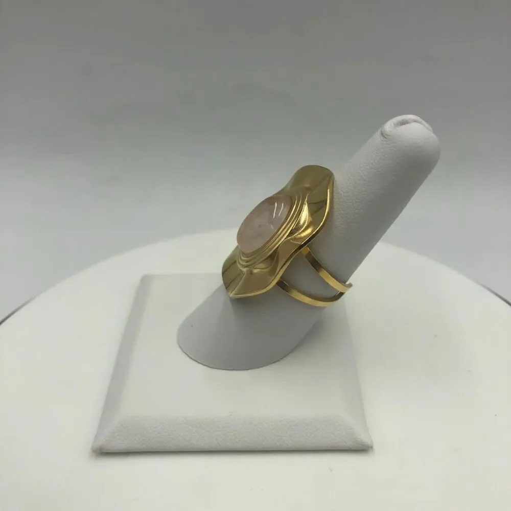 18K Gold Plated Womens Faux Centered Gem Open Back Ring Modern Design Waterproof